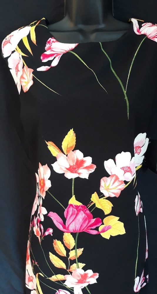 Enfocus Studio Black Floral Sheath Dress with Pink and Yellow Blooms